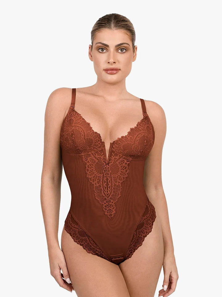 Shapewear Lace Deep V-Neck Sculpting Thong Bodysuit