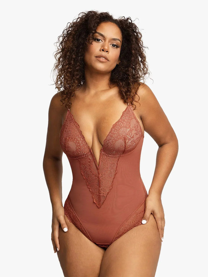 Shapewear Lace Deep V-Neck Sculpting Thong Bodysuit