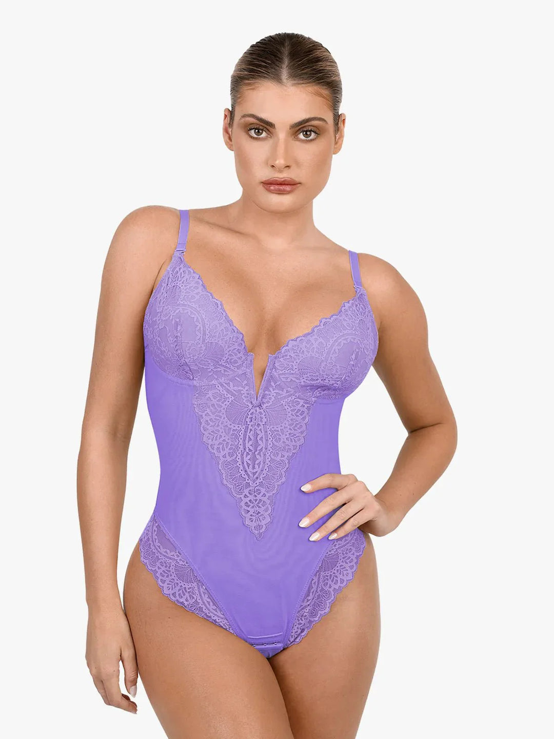 Shapewear Lace Deep V-Neck Sculpting Thong Bodysuit