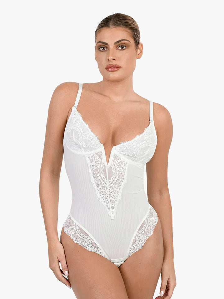 Shapewear Lace Deep V-Neck Sculpting Thong Bodysuit