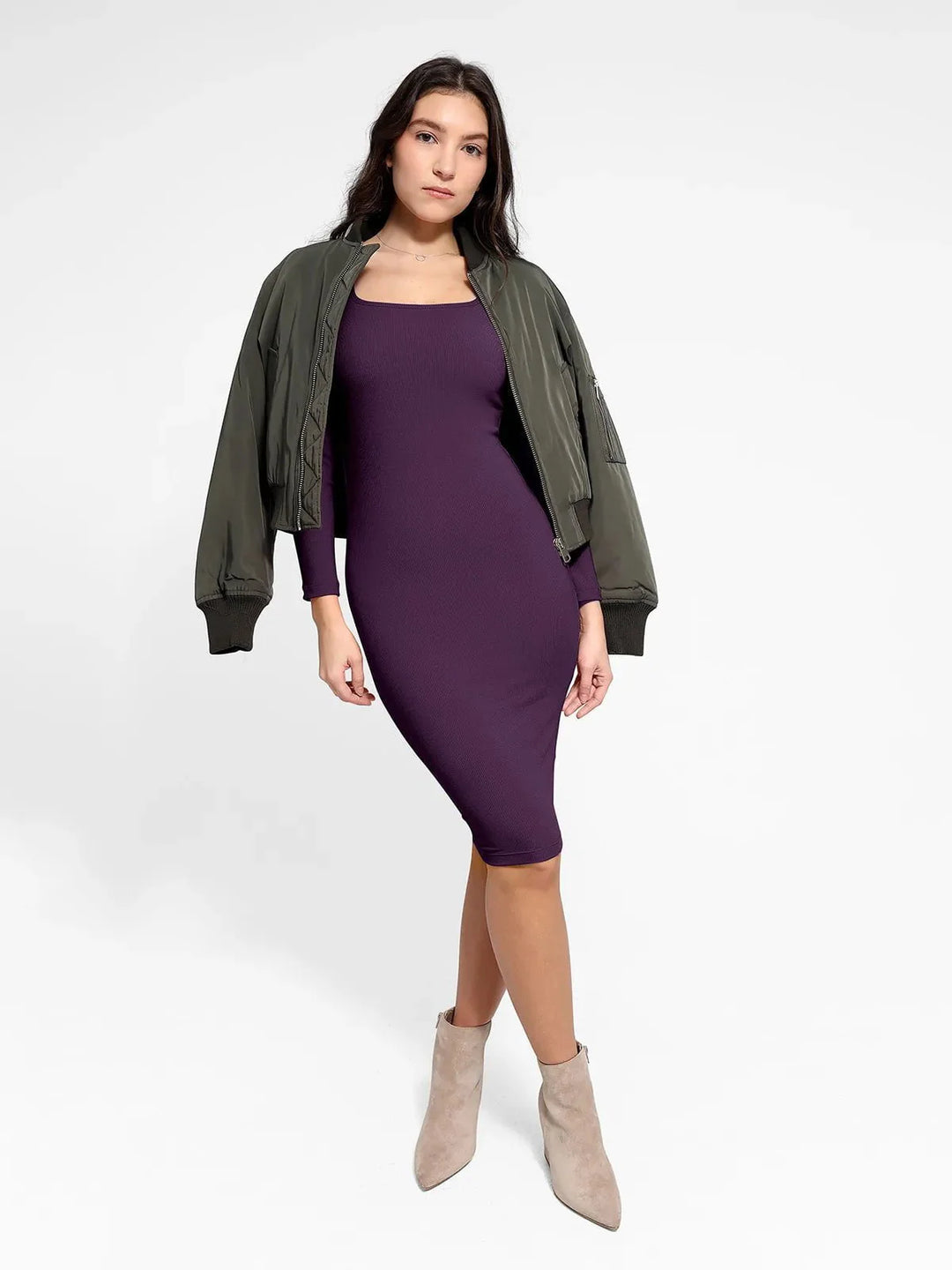 Shapewear Long Sleeve Square Neck Modal Slimming Midi Dress