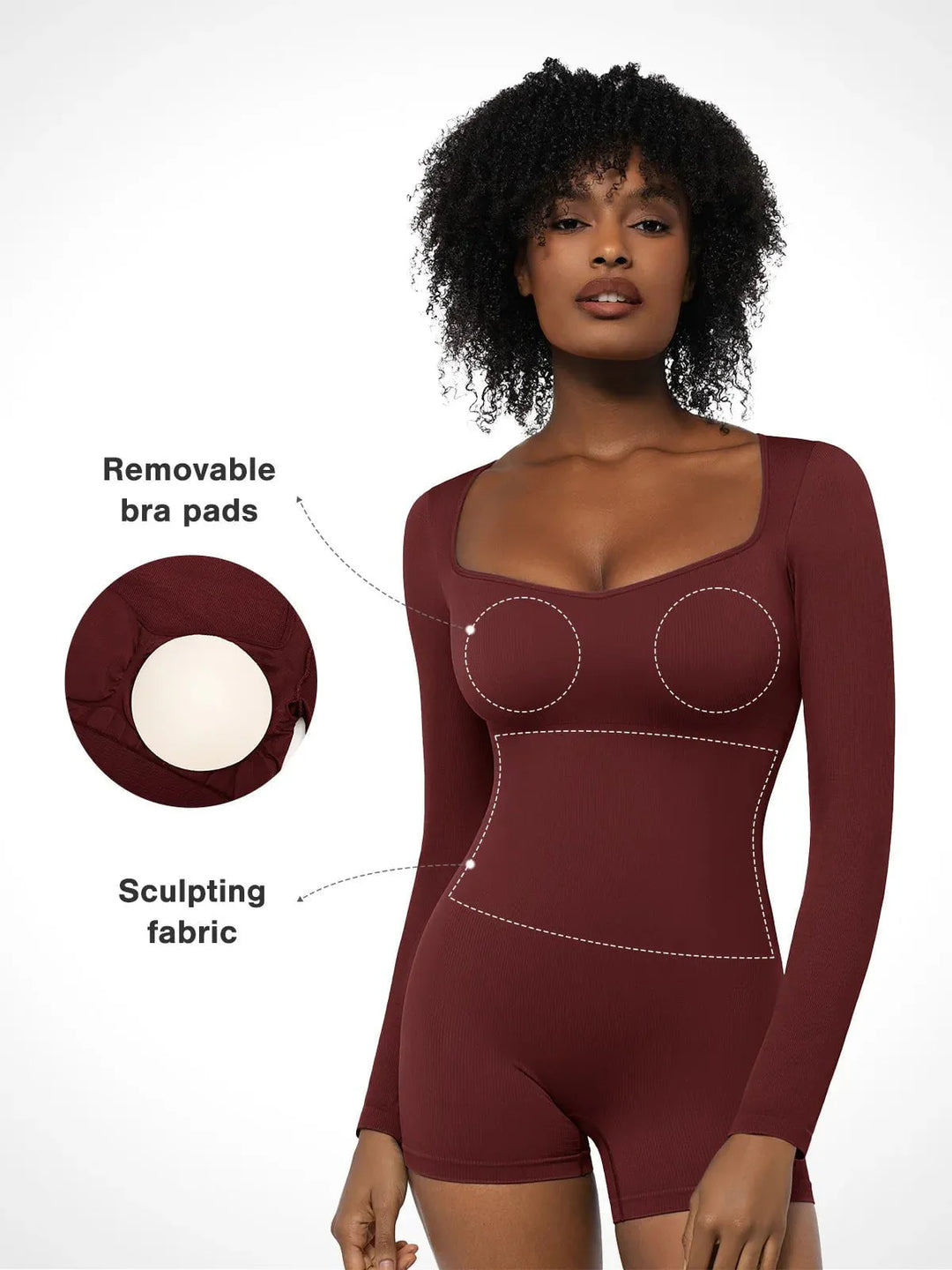 Shapewear Long Sleeve Sweetheart Neck Tummy Control Romper