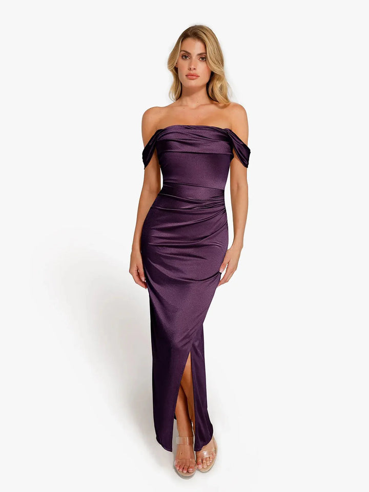 Shapewear Off Shoulder Shine Ruched Sculpting Maxi Dress