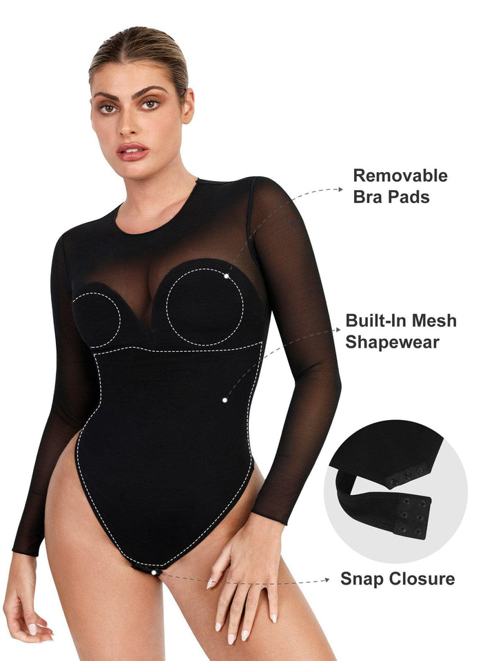 Shapewear Illusion Mesh Long Sleeve Tummy Control Bodysuit