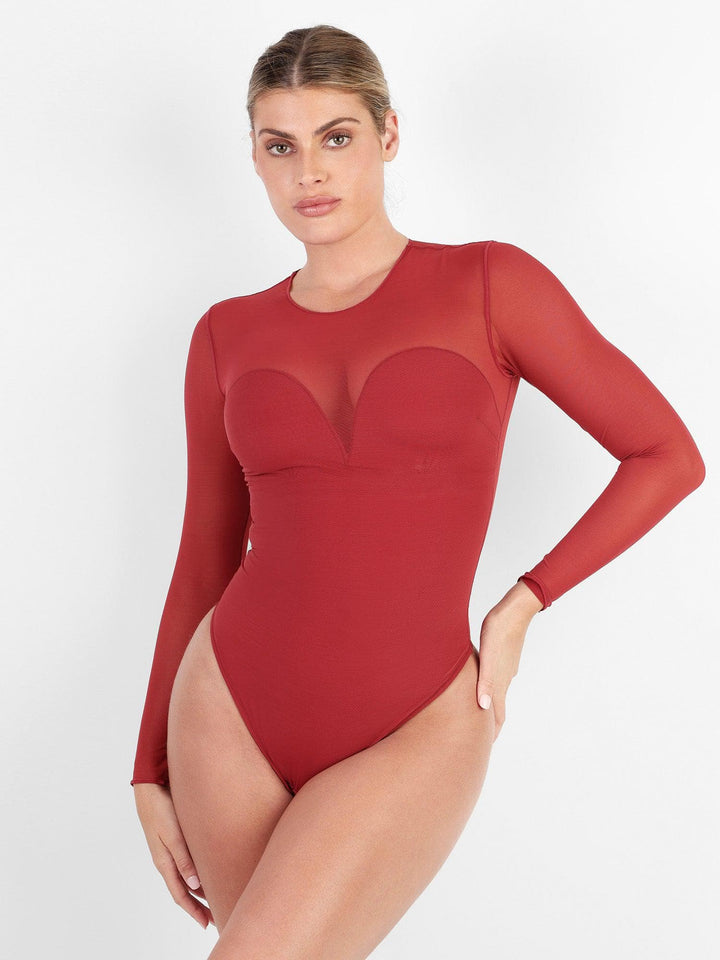 Shapewear Illusion Mesh Long Sleeve Tummy Control Bodysuit