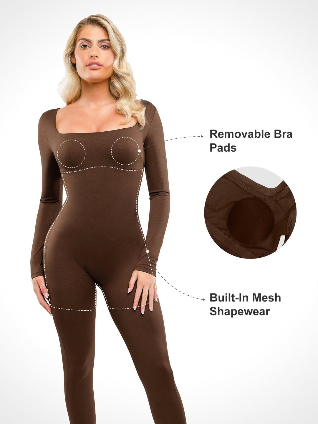 Shapewear Square Neck Long Sleeve Butt Lift Jumpsuit