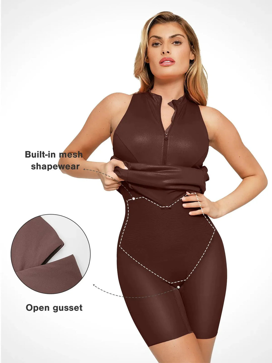 Shapewear Sculpting Faux Leather Zip Front Midi Dress