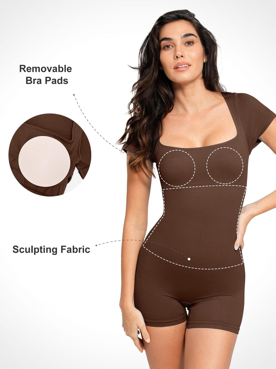 Shapewear Seamless Rib Square Neck Cap Sleeve Romper