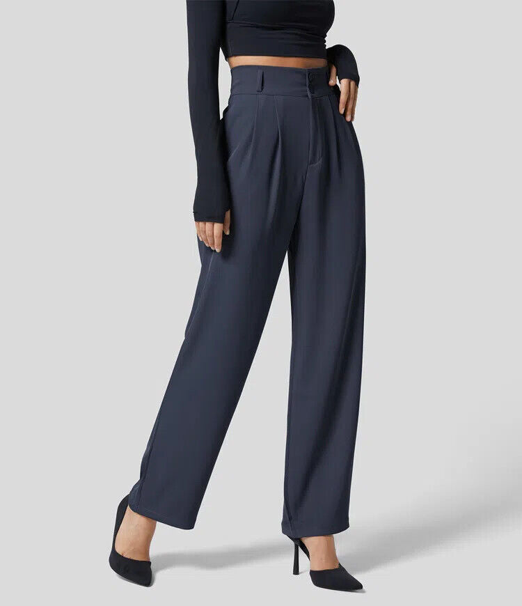 The High Waisted Button Plicated Shirred Straight Pants