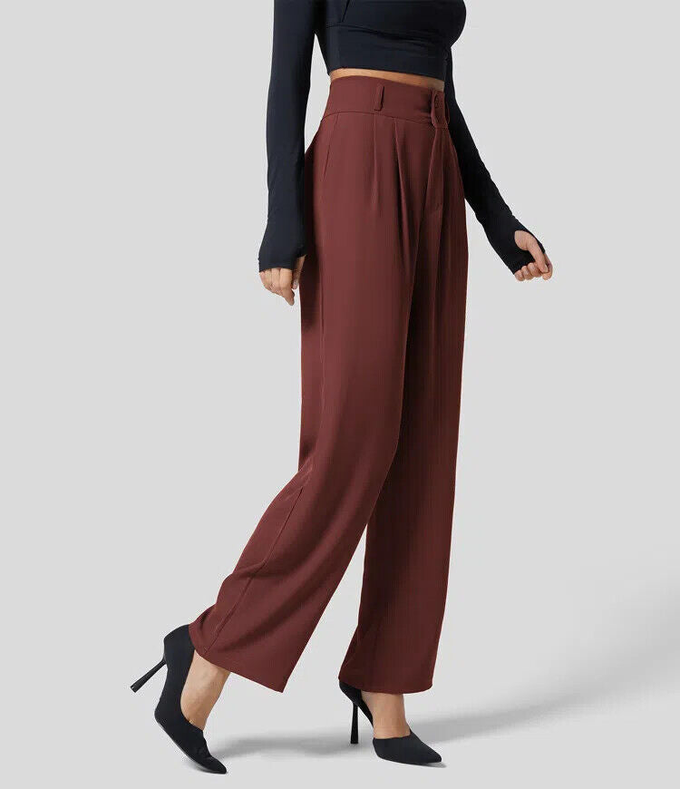 The High Waisted Button Plicated Shirred Straight Pants