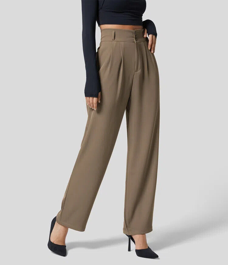 The High Waisted Button Plicated Shirred Straight Pants