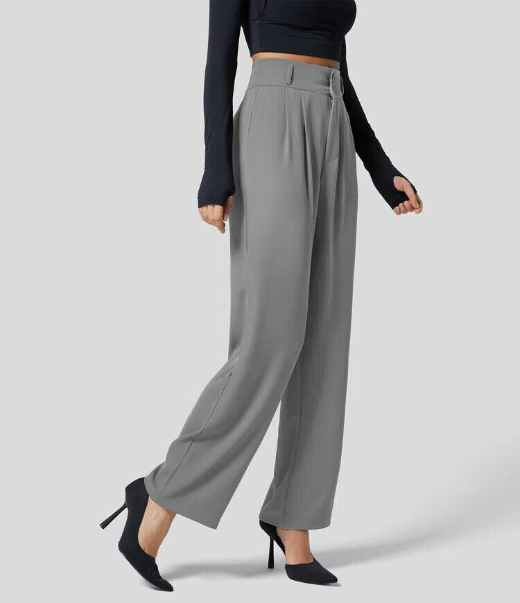 The High Waisted Button Plicated Shirred Straight Pants