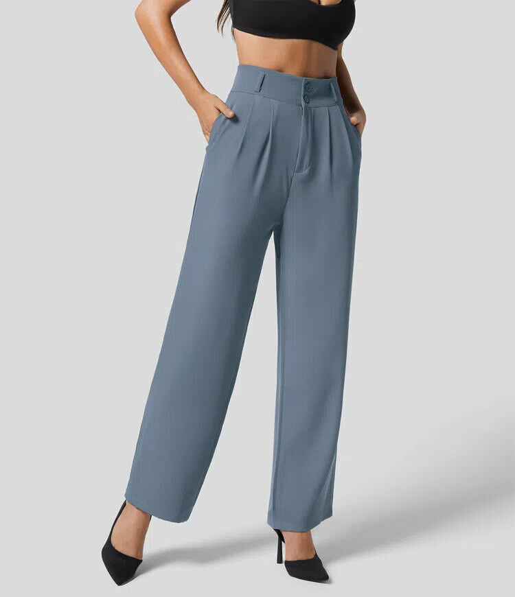 The High Waisted Button Plicated Shirred Straight Pants