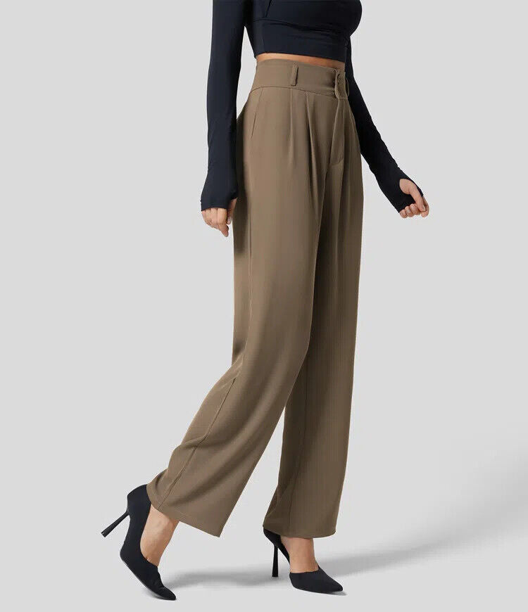 The High Waisted Button Plicated Shirred Straight Pants