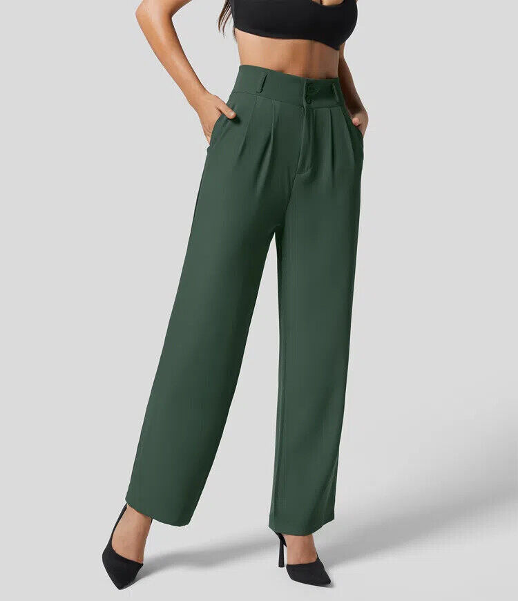 The High Waisted Button Plicated Shirred Straight Pants