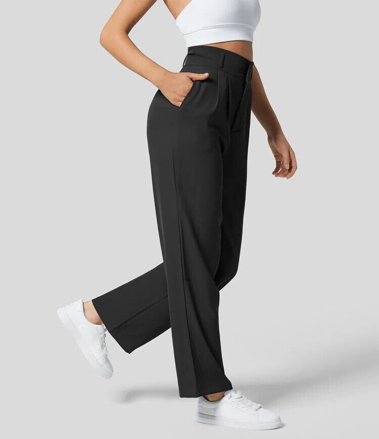 The High Waisted Button Plicated Shirred Straight Pants