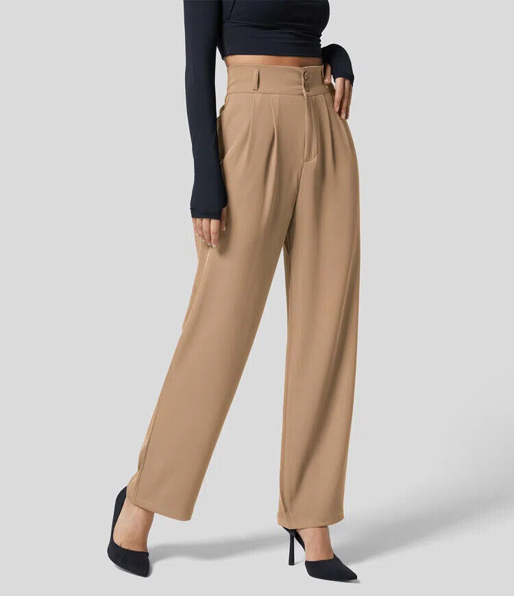 The High Waisted Button Plicated Shirred Straight Pants