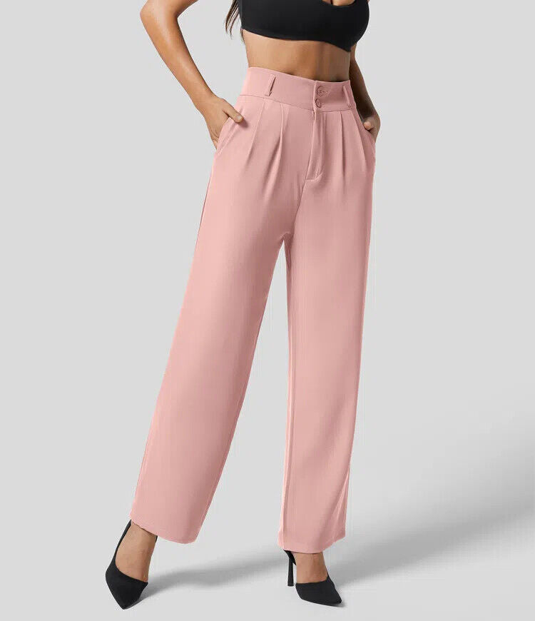 The High Waisted Button Plicated Shirred Straight Pants