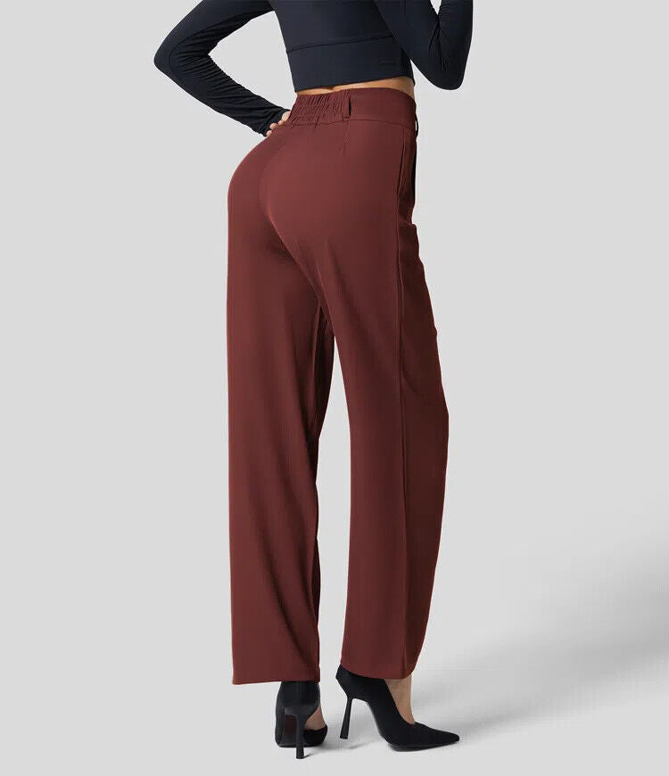 The High Waisted Button Plicated Shirred Straight Pants