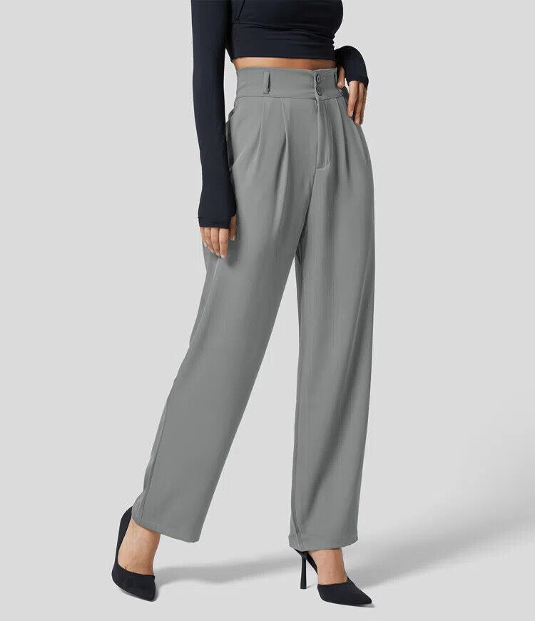 The High Waisted Button Plicated Shirred Straight Pants