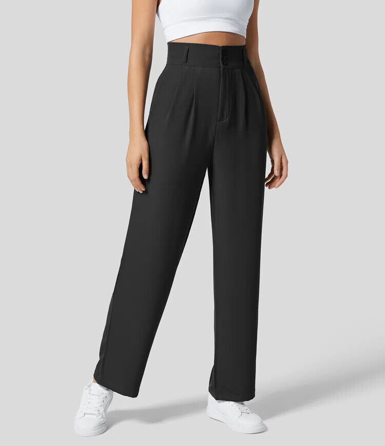 The High Waisted Button Plicated Shirred Straight Pants