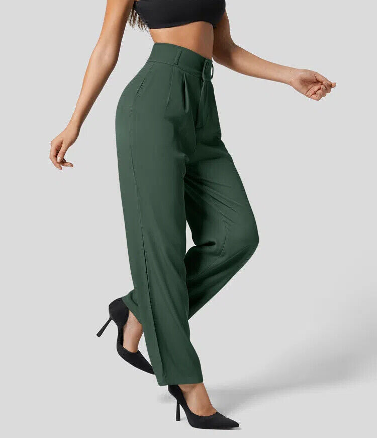 The High Waisted Button Plicated Shirred Straight Pants