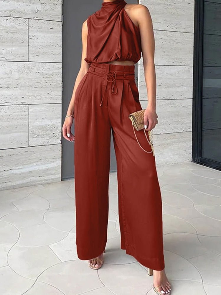 Two Piece Satin Pants Set with Silky Pleated Sleeveless Top and Wide Leg Pants