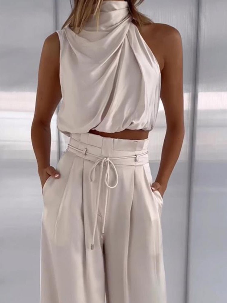 Two Piece Satin Pants Set with Silky Pleated Sleeveless Top and Wide Leg Pants