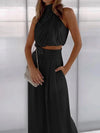 Two Piece Satin Pants Set with Silky Pleated Sleeveless Top and Wide Leg Pants